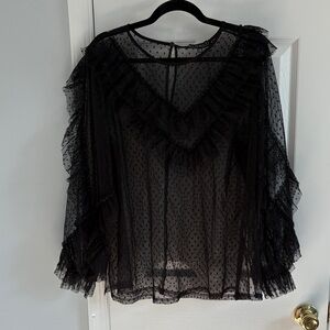 Eloquii Black Mesh Sheer Polka Dot Long Sleeve Ruffle Blouse Size 18/20